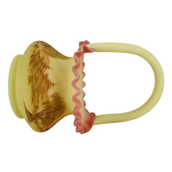 Fenton Art Glass Burmese Ruffled Handled Basket Trees Birds Artist Signed VTG - Picture 6 of 9